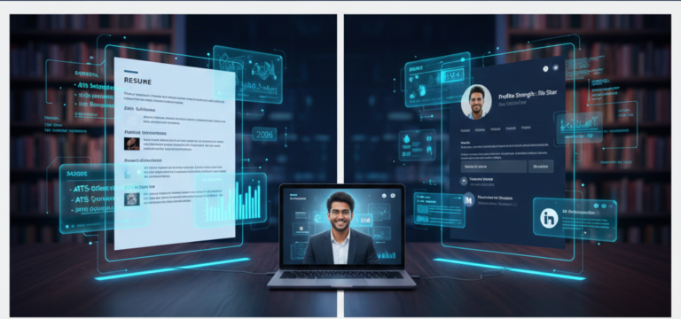 A professional split-screen dashboard showing an AI-generated ATS-friendly resume and a LinkedIn profile optimization interface with a smiling candidate in a suit