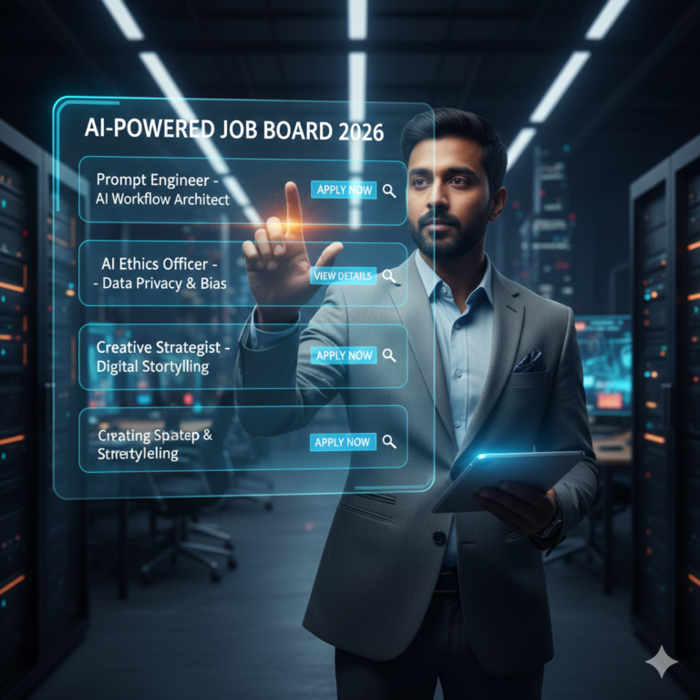 { action image_generation, action_input {'prompt' 'A professional Indian man interacting with a large floating digital job board. The board has multiple rectangular buttons for jobs like Prompt Engineer, AI Ethicist, and Creative Strategist. Each button has a glowing Apply Now blue button and a View Details icon. Cinematic lighting, futuristic 2026 office, high-resolution, looks like a clickable website interface.'} }