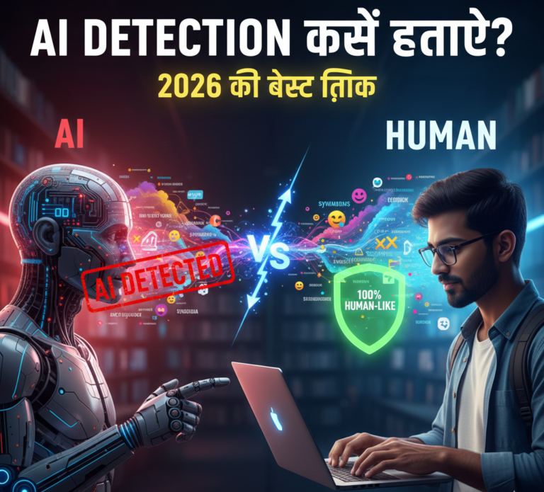 A high-tech illustration comparing an AI robot with 'AI Detected' stamp versus a human student with '100% Human-Like' shield at a desk.