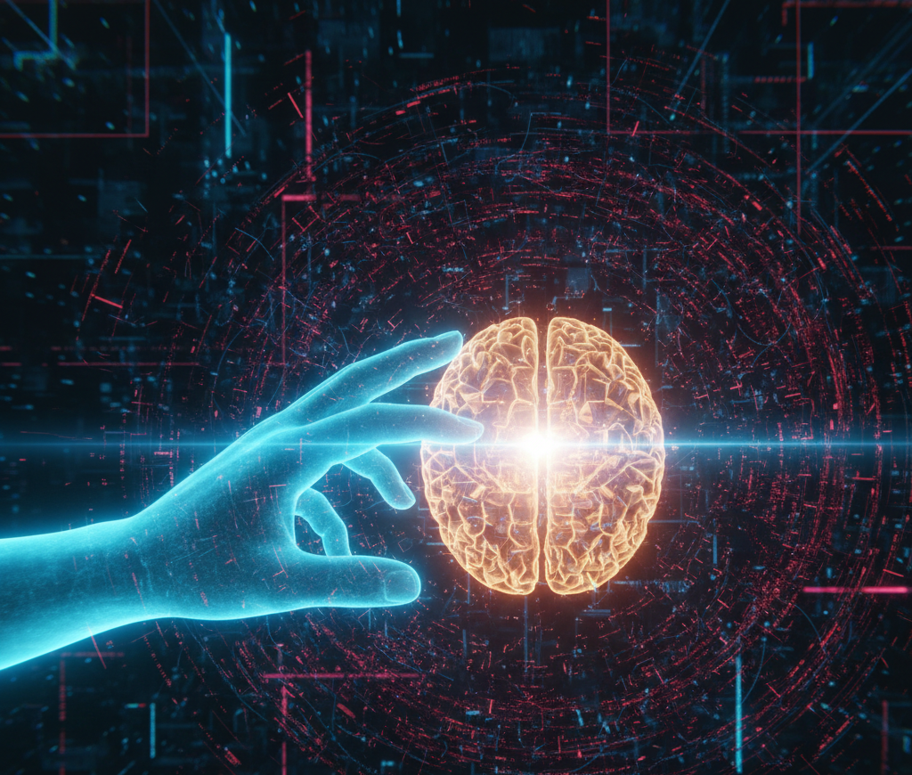 A glowing digital brain surrounded by chaotic red data streams being touched by a translucent blue ethereal human hand representing AI governance and ethical oversight in 2026.