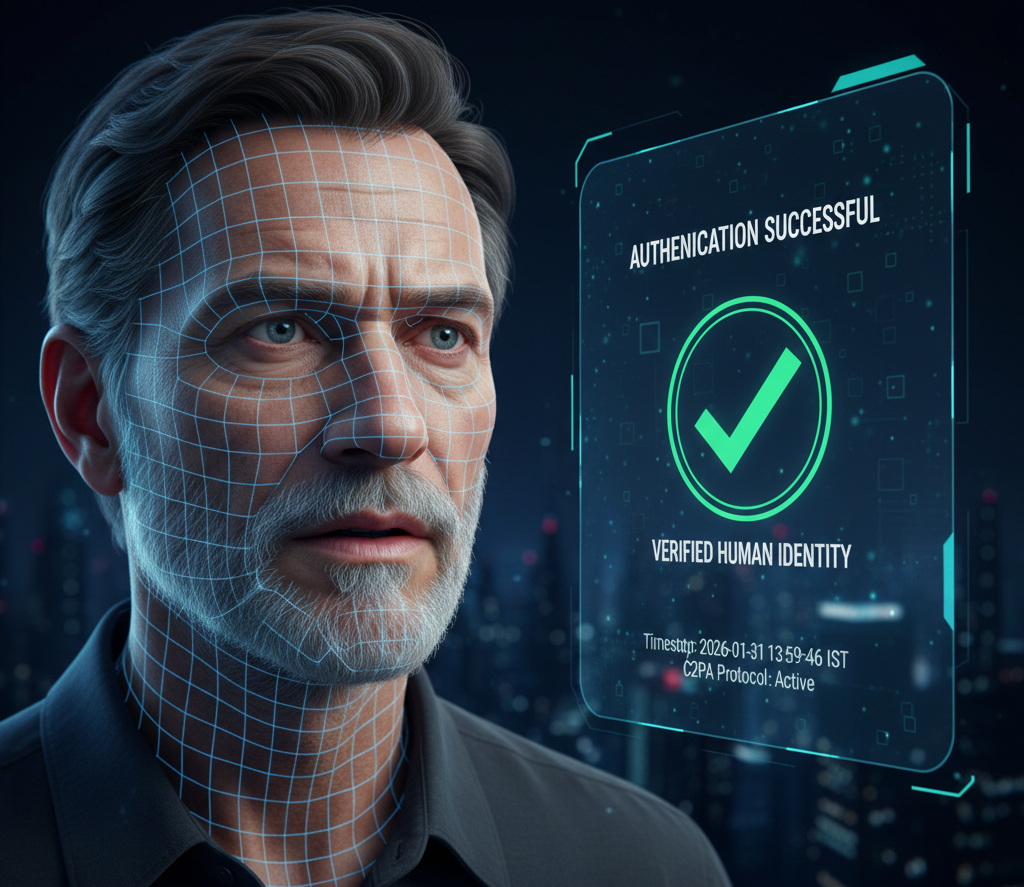 A 3D facial mesh scan for AI reality authentication showing a verified human identity interface in 2026.