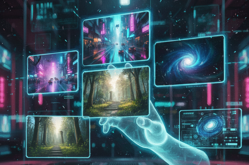 A futuristic concept art of an AI video agent interface showing holographic cinematic frames like a neon city and a deep space galaxy being orchestrated by a digital hand.