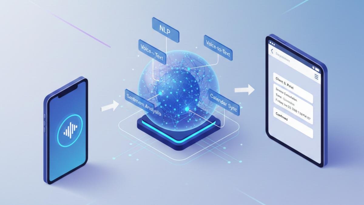3D diagram showing an AI agent workflow for small business appointment scheduling, including NLP and calendar sync.