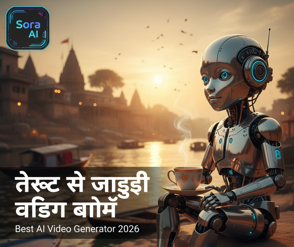 A high-quality cinematic AI-generated image of a cute robot drinking tea at Varanasi Ghat during sunset, showcasing Sora AI video capabilities.