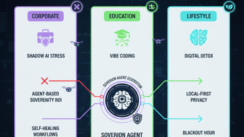 Infographic showing 2026 Minimalist AI strategy: Shadow AI stress management, Vibe Coding in education, and local-first privacy.