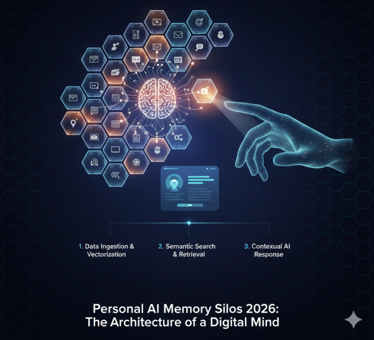 An infographic showing the architecture of Personal AI Memory Silos, with data ingestion, semantic search, and contextual AI response in 2026.
