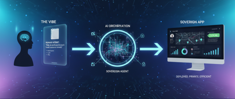 Infographic showing the Vibe Coding process: Human Intent (The Vibe) moving through a Sovereign AI Agent to create a private, deployed local business application.