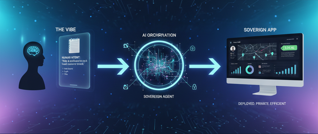 Infographic showing the Vibe Coding process: Human Intent (The Vibe) moving through a Sovereign AI Agent to create a private, deployed local business application.