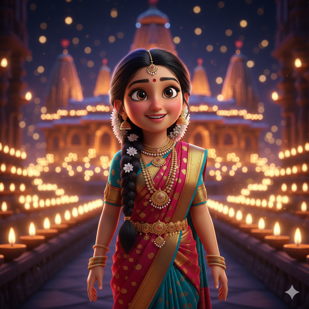 3D Pixar style character of a girl in a vibrant traditional Saree, intricate gold jewelry, standing in front of an illuminated temple, magical bokeh lights.