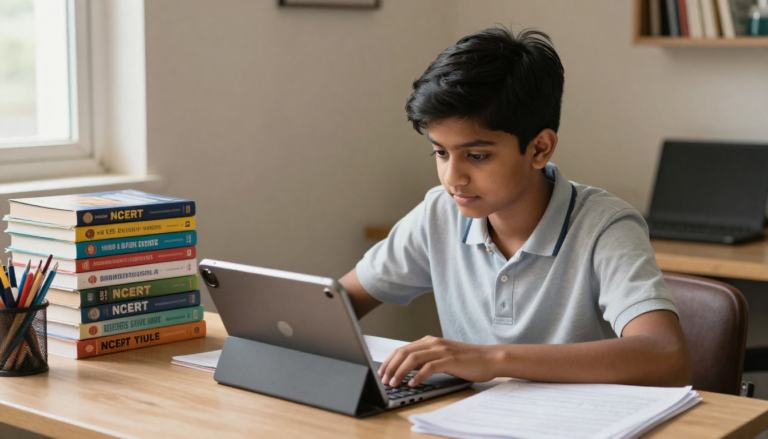 A student in India using an AI study assistant on a tablet to prepare for CBSE Board Exam 2026, with NCERT books on the table.
