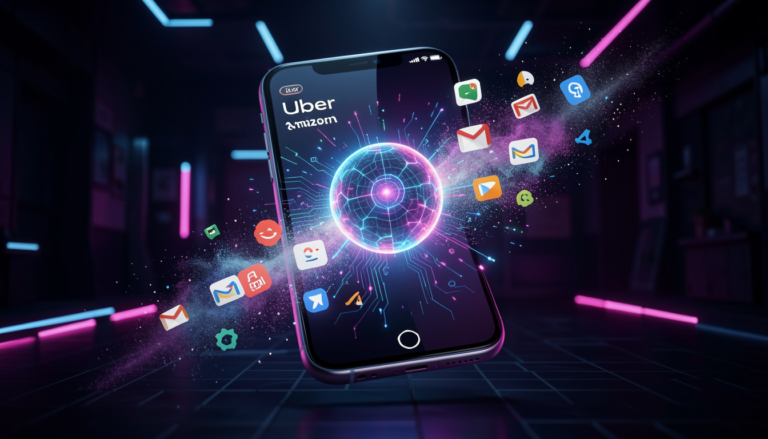 एक स्मार्टफोन स्क्रीन जिस पर एआई एजेंट का ग्लोइंग इंटरफ़ेस दिख रहा है और बैकग्राउंड में मोबाइल एप्स गायब हो रहे हैं, जो 2026 के 'Agentic AI' ट्रेंड को दर्शाता है।