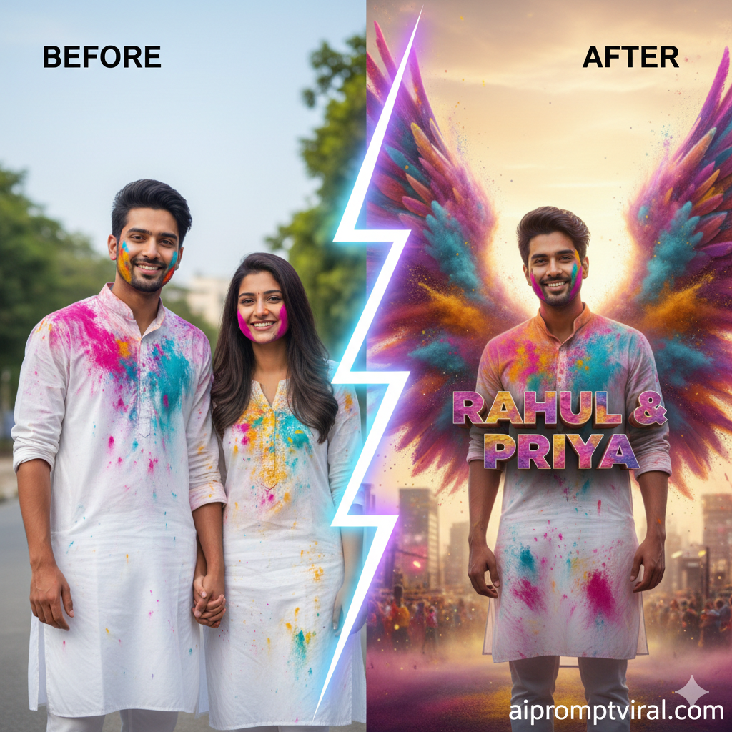 Step-by-step AI Holi couple photo editing with 3D wings and name art by aipromptviral.com