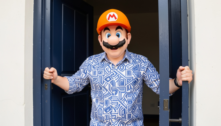 Real boy with Tom Jerry and Mario peeking from behind a door AI photo editing