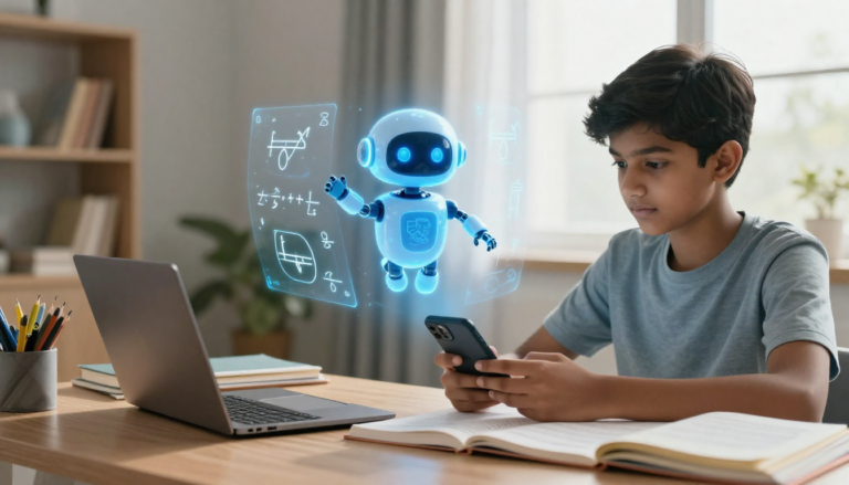A student using AI app to solve class 10th math and science homework easily in 2026."