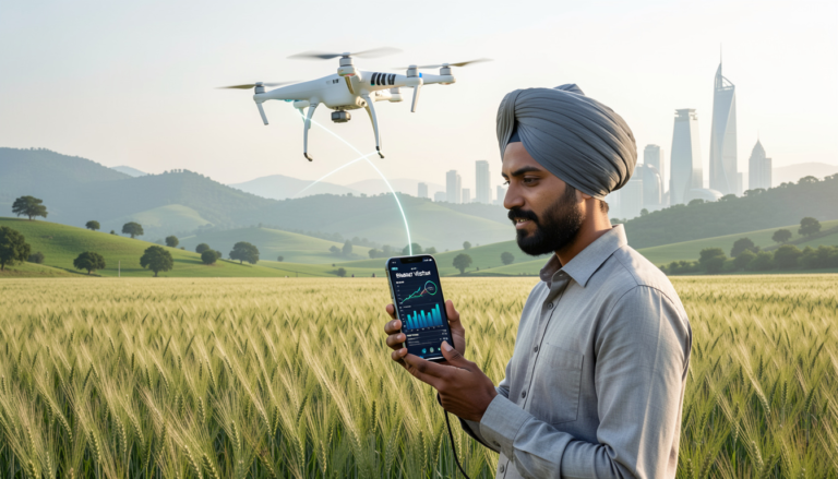 An Indian farmer using Bharat Vistar AI mobile app to control an agricultural drone in a wheat field 2026.