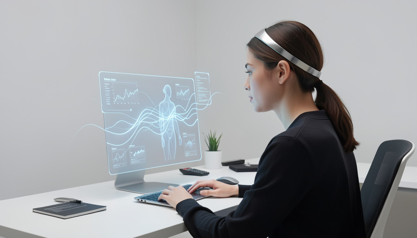 एक प्रोफेशनल व्यक्ति 2026 का स्लीक थॉट-टू-टेक्स्ट हेडबैंड पहने हुए है, जो बिना टाइपिंग के स्क्रीन पर टेक्स्ट जनरेट कर रहा है; न्यूरालिंक और बीसीआई तकनीक का प्रदर्शन।