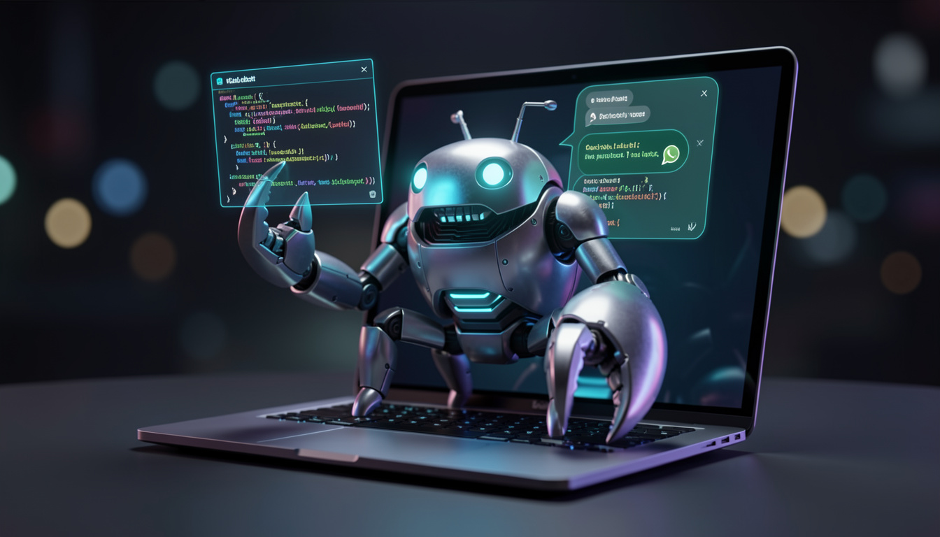 A futuristic 3D render of OpenClaw AI agent mascot controlling computer tasks, code editing, and messaging apps, representing autonomous AI power.