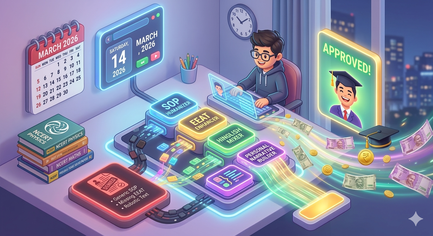 A relieved Indian student late at night, successfully generated an urgent holographic revision guide and cheat sheets using an AI interface in 2026.