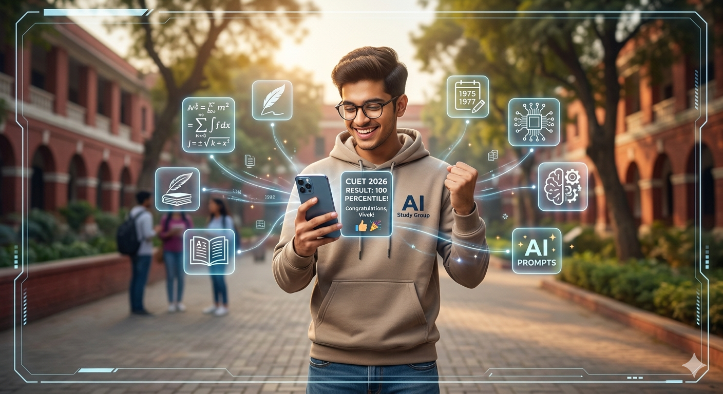 A successful Indian student checking CUET 2026 100 percentile result achieved through AI study prompts.