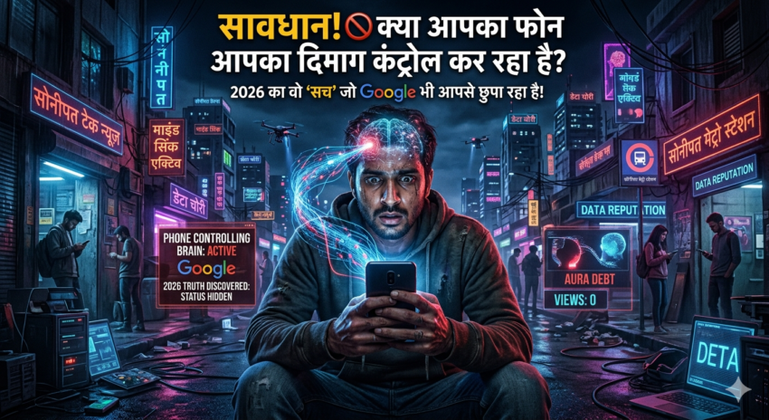 एक डार्क साइबरपंक सेटिंग में एक युवक के फोन से उसके दिमाग तक जुड़ी नीली और लाल डिजिटल नसें। बैकग्राउंड में 'सोनीपत टेक न्यूज़' और 'डेटा चोरी' के नियॉन साइन हैं, और स्क्रीन पर 'Phone Controlling Brain: Active' लिखा है।"