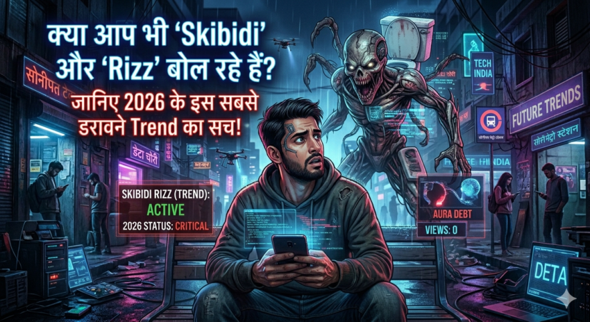 एक डरावनी साइबरपंक सेटिंग में, एक भारतीय युवा मोबाइल फोन पर 'Skibidi' और 'Rizz' के बारे में जानकारी देख रहा है, जबकि एक भयानक बायो-मैकेनिकल प्राणी (स्कैबिडी टॉयलेट-आकार) उसके पीछे खड़ा है। ऊपर हिंदी में लिखा है: क्या आप भी ‘Skibidi’ और ‘Rizz’ बोल रहे हैं? जानिए 2026 के इस सबसे डरावने Trend का सच!