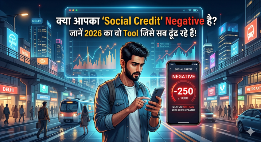 दिल्ली के बैकग्राउंड में एक युवा व्यक्ति मोबाइल पर अपना नेगेटिव सोशल क्रेडिट स्कोर (-250/1000) देख रहा है। ऊपर हिंदी में लिखा है: क्या आपका 'Social Credit' Negative है? जानें 2026 का वो Tool जिसे सब ढूंढ रहे हैं!"