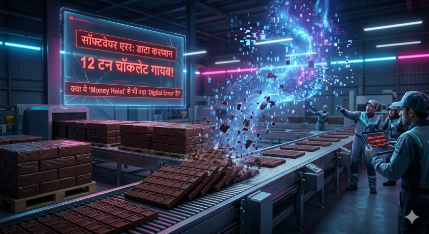 एक चॉकलेट फैक्ट्री का दृश्य जहाँ चॉकलेट के बड़े ब्लॉक डिजिटल कोड और चमकते पिक्सेल में बदलकर हवा में गायब हो रहे हैं, साथ ही 'Software Error: 12 Tons Chocolate Missing' का डिजिटल बोर्ड और हैरान कर्मचारी।"
