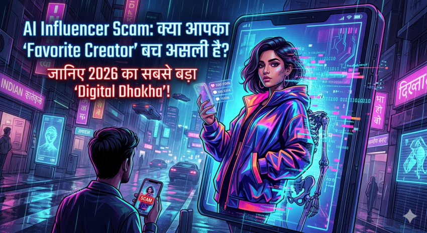 A cyberpunk view from Sonipat, Haryana, India, in April 2026, where a man sees a massive screen exposing an AI influencer scam. The screen shows a female digital creator split between a human and skeleton form. Layered Hindi text asks, "Is your 'Favorite Creator' still real? Know the biggest 'Digital Fraud' of 2026!" Neon-lit street, futuristic buildings, flying vehicles, and local language signs like "INDIAN कृतिस्कुल".