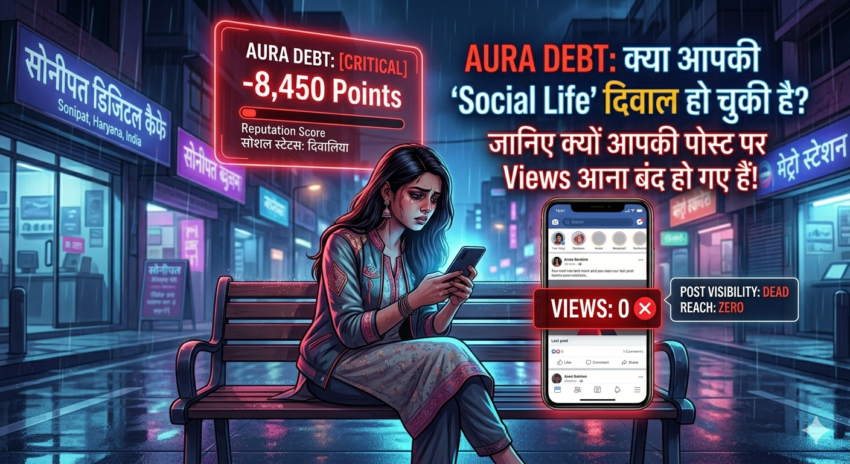 एक उदास भारतीय युवती सोनीपत के डिजिटल बैकग्राउंड में बेंच पर बैठी है, उसके फोन पर 'Views: 0' और ऊपर एक लाल डिजिटल बोर्ड पर 'Aura Debt: -8,450 Points [Critical]' दिखाई दे रहा है।
