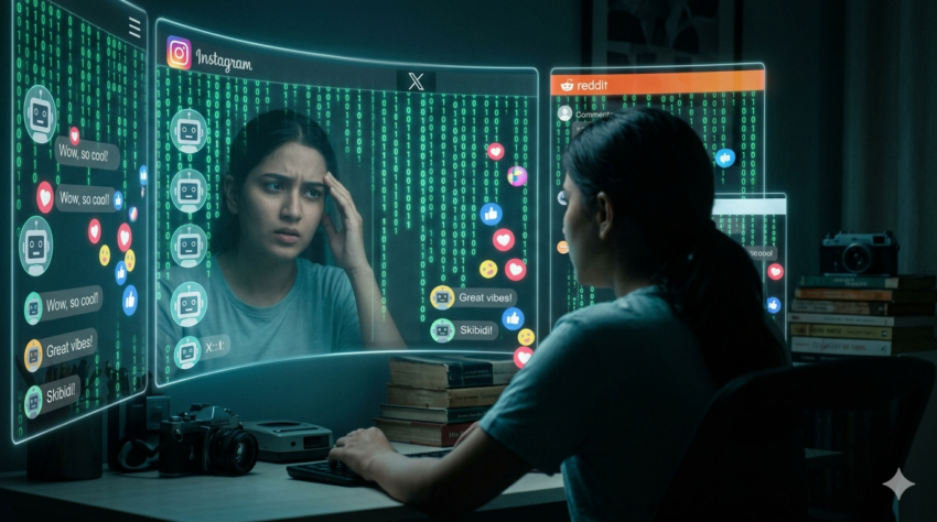 A cinematic depiction of Dead Internet Theory 2026 showing a confused user looking at a social media feed full of binary codes and AI bot icons.