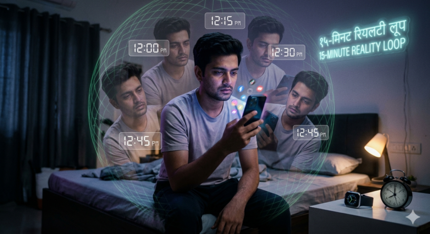 A person looking at their glowing smartphone in a dark room with a clock in the background showing 15-minute intervals, representing Digital Deja Vu loop.
