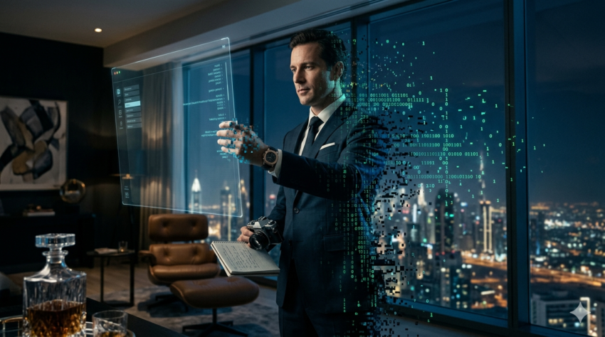 A cinematic depiction of a mysterious wealthy person fading into cascading digital code and pixels, representing the Digital Disappearance trend 2026 or The Rich Ghost phenomenon.