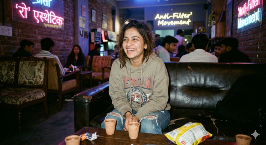 A low-fidelity, blurry but aesthetic candid photo of a person in a dark street with a vintage film grain effect, representing the Raw Aesthetic trend 2026.