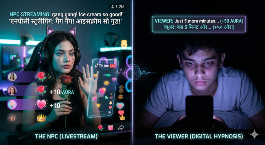 A split-screen photo illustrating the viral NPC Streaming trend in India 2026. The left shows a creator in Sonipat, Haryana acting like a robot (shouting phrases like 'gang gang ice cream so good') during a live stream, while a tired male viewer on the right is hypnotized by the screen. Includes 'Aura Points' labels.