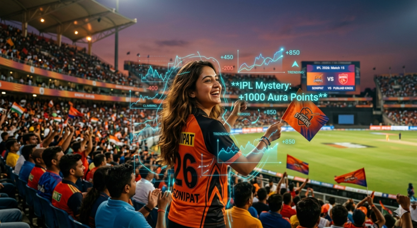 A cinematic low-angle photograph of a dynamic mystery girl cheering in IPL stadium stands with a volatile holographic aura points display showing "+1000 Aura Points" (Hinglish: आईपीएल मिस्ट्री: +1000 Aura Points), and a blurry Jumbotron screen with "IPL 2026: Match 15". Sonipat Haryana context blurred.