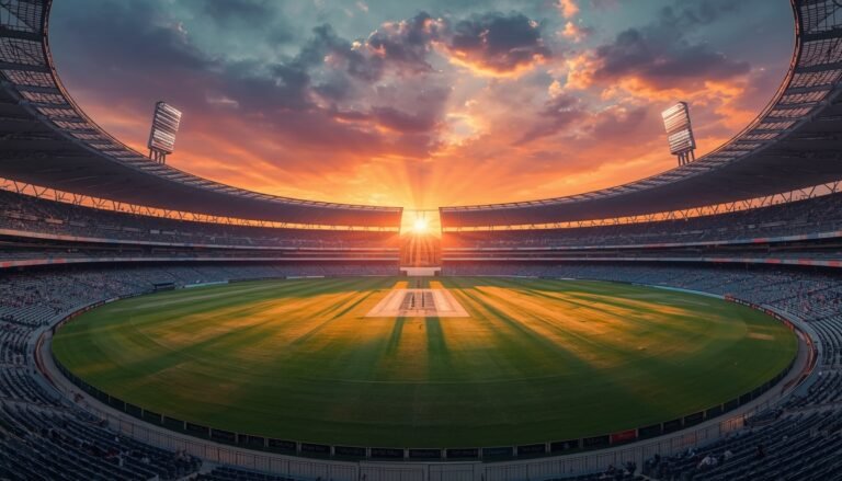 Realistic Cricket Stadium Wallpaper Sunset Background Design