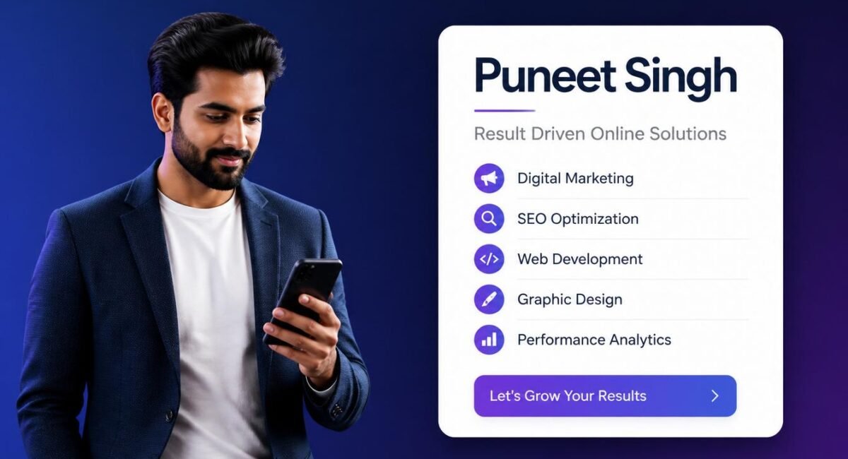 Premium Editorial Professional Banner for Puneet Singh. SUBJECT & ACTION A professional, confident young man with a visionary expression, looking at a sleek smartphone in a modern, well-lit tech-forward office environment. He is dressed in sharp, modern business casual attire. He embodies the persona of a driven, high-level consultant. LAYOUT (SWISS INTERNATIONAL STYLE) - A clean, balanced editorial layout with a clear visual hierarchy. - Left side Medium shot of the subject. - Right side A crisp, minimalist white UI design card featuring high-legibility sans-serif typography. UI CARD CONTENT - Header Puneet Singh - Sub-header Result Driven Online Solutions - Feature List Digital Marketing, SEO Optimization, Web Development, Graphic Design, Performance Analytics - CTA Let's Grow Your Results LIGHTING & ATMOSPHERE - High-contrast, sharp, directional studio lighting. - Aspirational, efficient, forward-thinking, high-end professional tech vibe. VISUAL STYLE & PALETTE - Background A deep, rich, professional corporate blue to deep purple gradient. - High-fidelity textures, sharp contours, premium B2B tech marketing aesthetic, polished, sharp, 8K ultra-detailed. CONSTRAINTS - No background clutter, no distorted UI elements, no blurry textures, no plastic surfaces, no watermarks, no deformed features. Professional, clean, and intentional design.